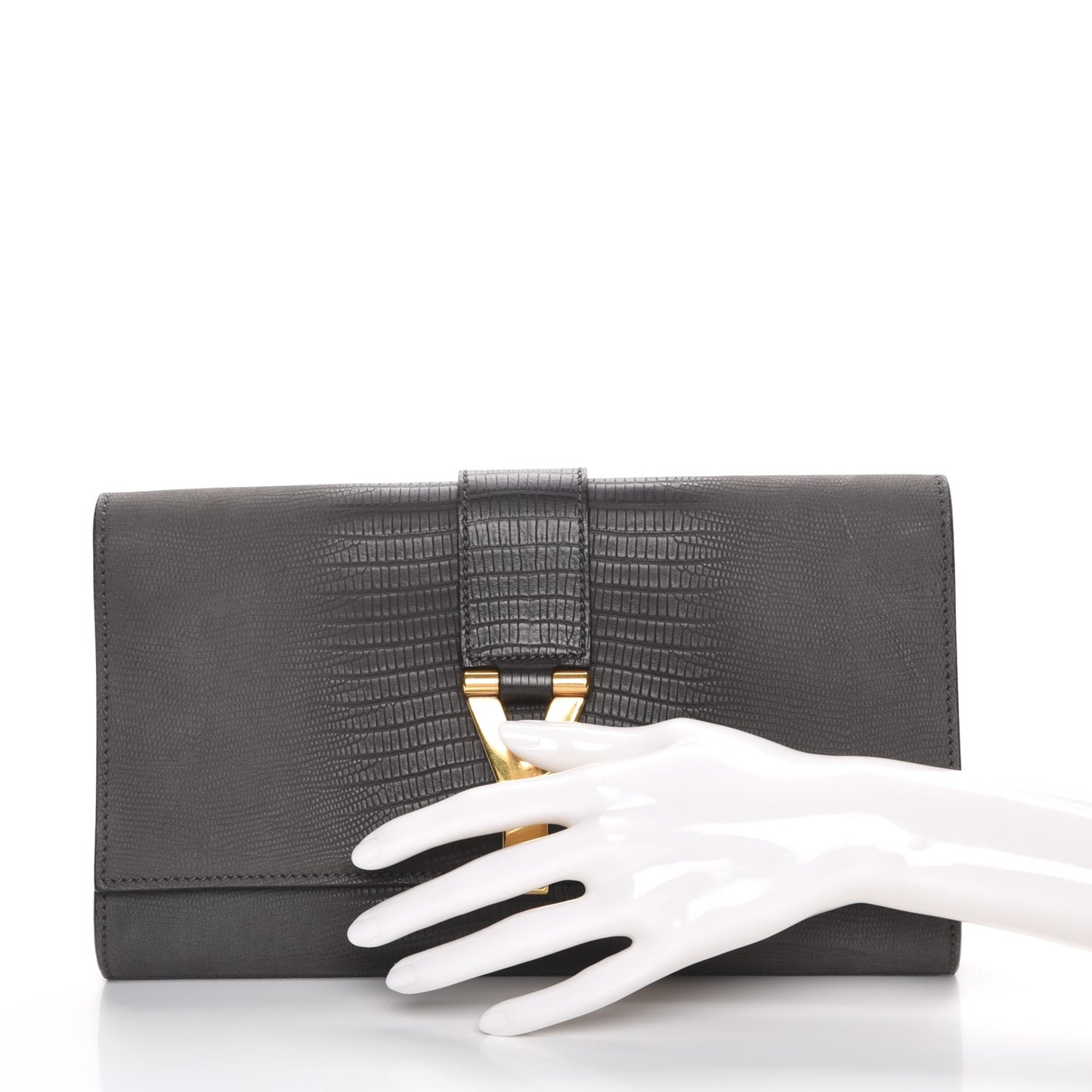 Lizard Calfskin Embossed Classic Y Ligne Clutch Grey