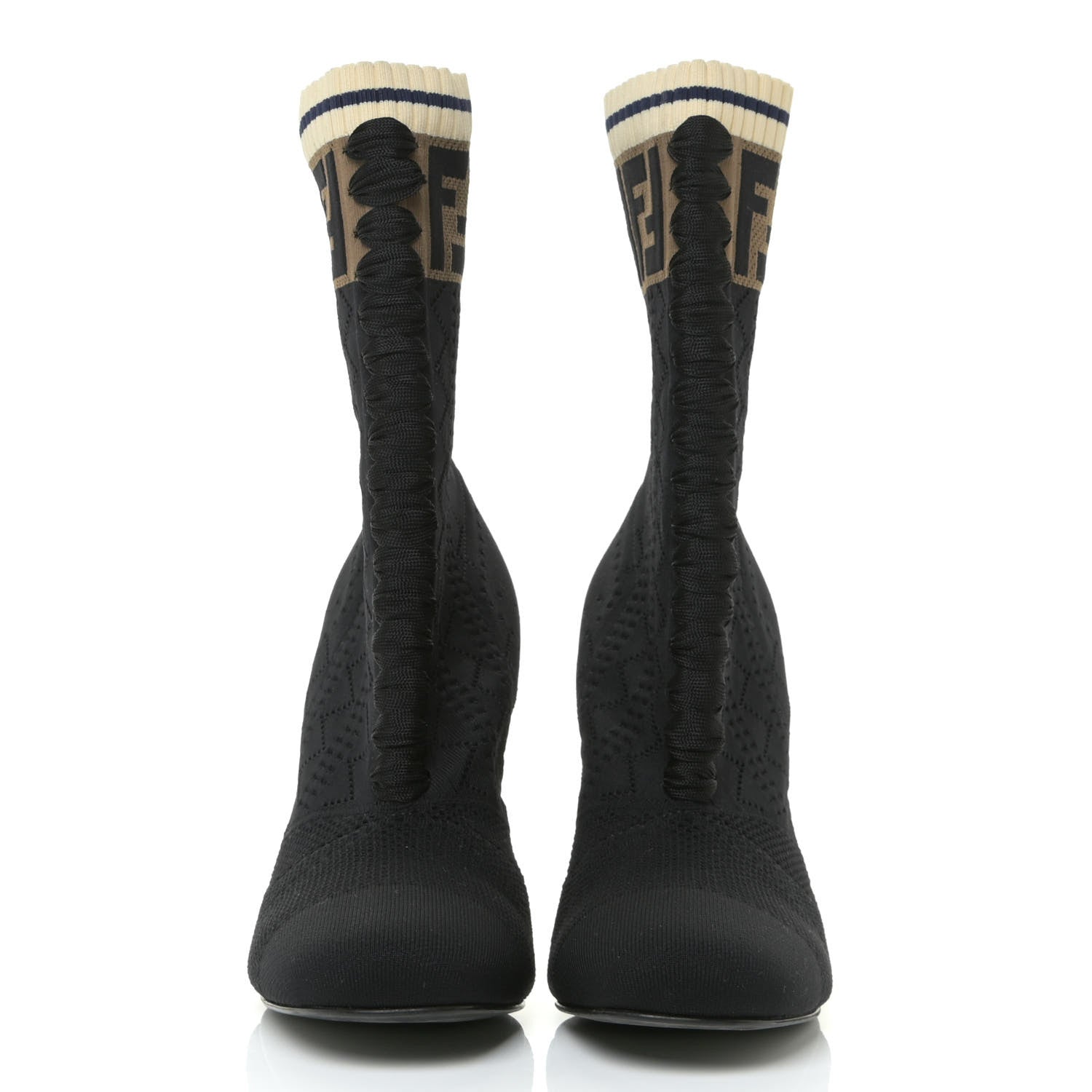 Fendi Stretch Fabric FF Reloaded Openwork Rockoko Sock Boots 39 Black Tobacco Marino 2 of 11