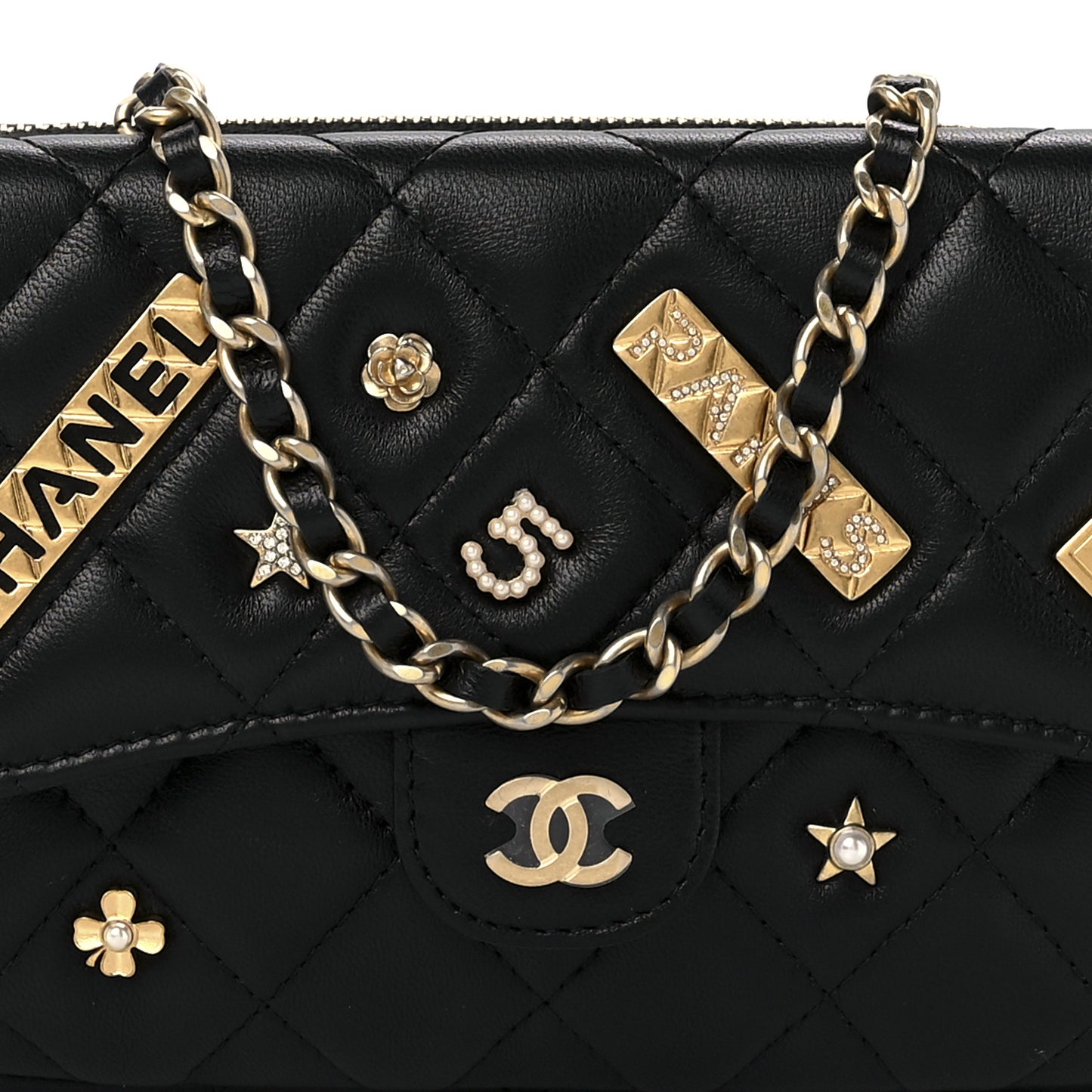 Lambskin Quilted Charm Flap Phone Holder With Chain Black