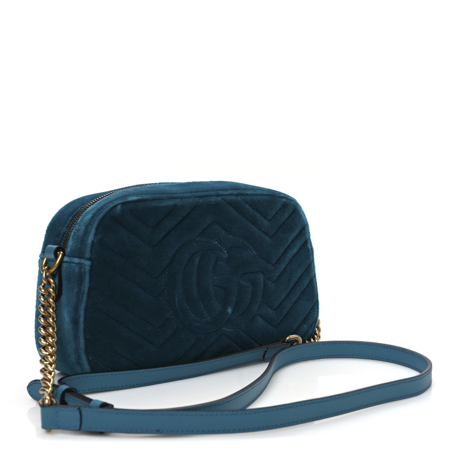 Gucci Velvet Matelasse Small GG Marmont Chain Shoulder Bag Pavone Cyan 3 of 10