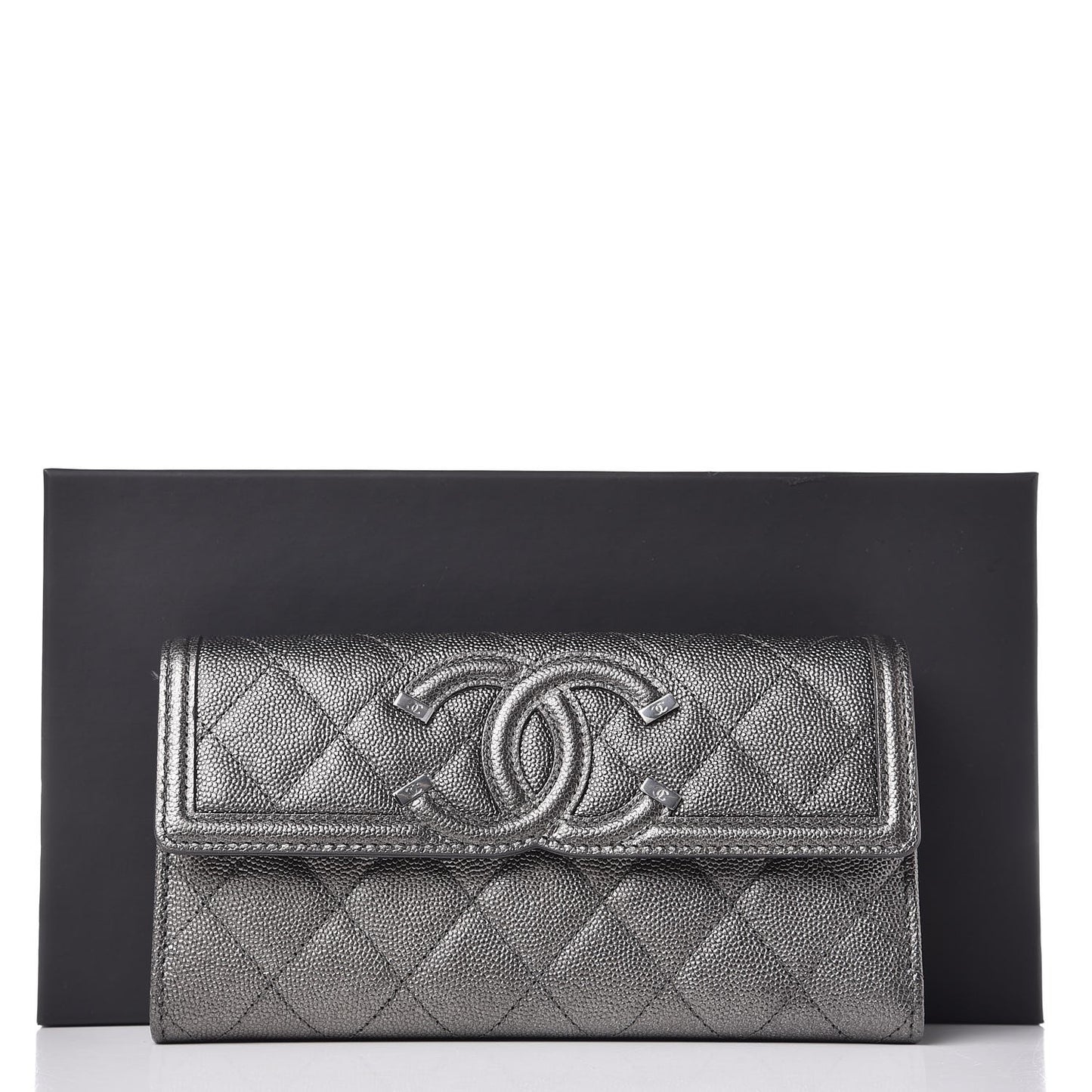 Metallic Caviar Filigree Flap Wallet Dark Silver