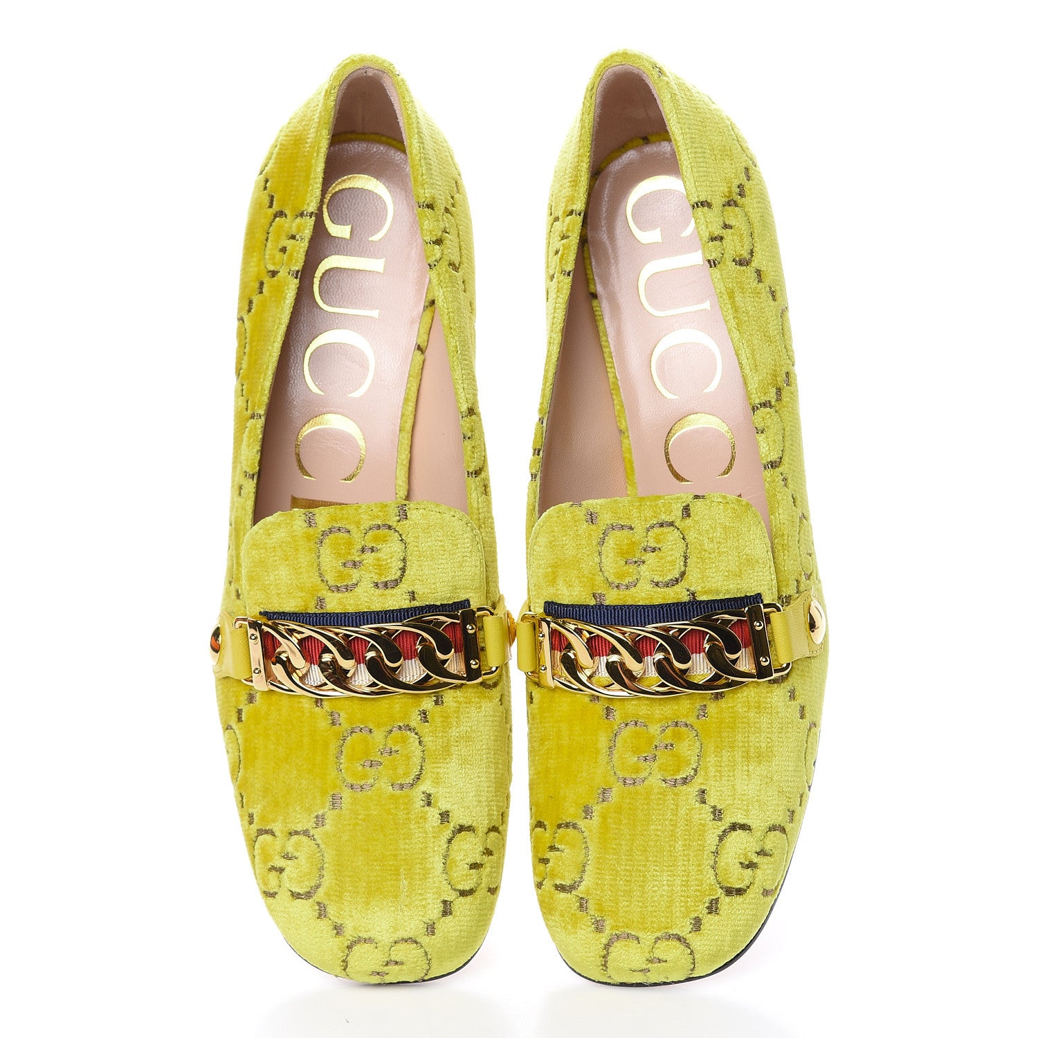 Gucci Velvet GG Monogram Sylvie Web Chain Mid Heel Loafers 36 Sunny Beige 5 of 11