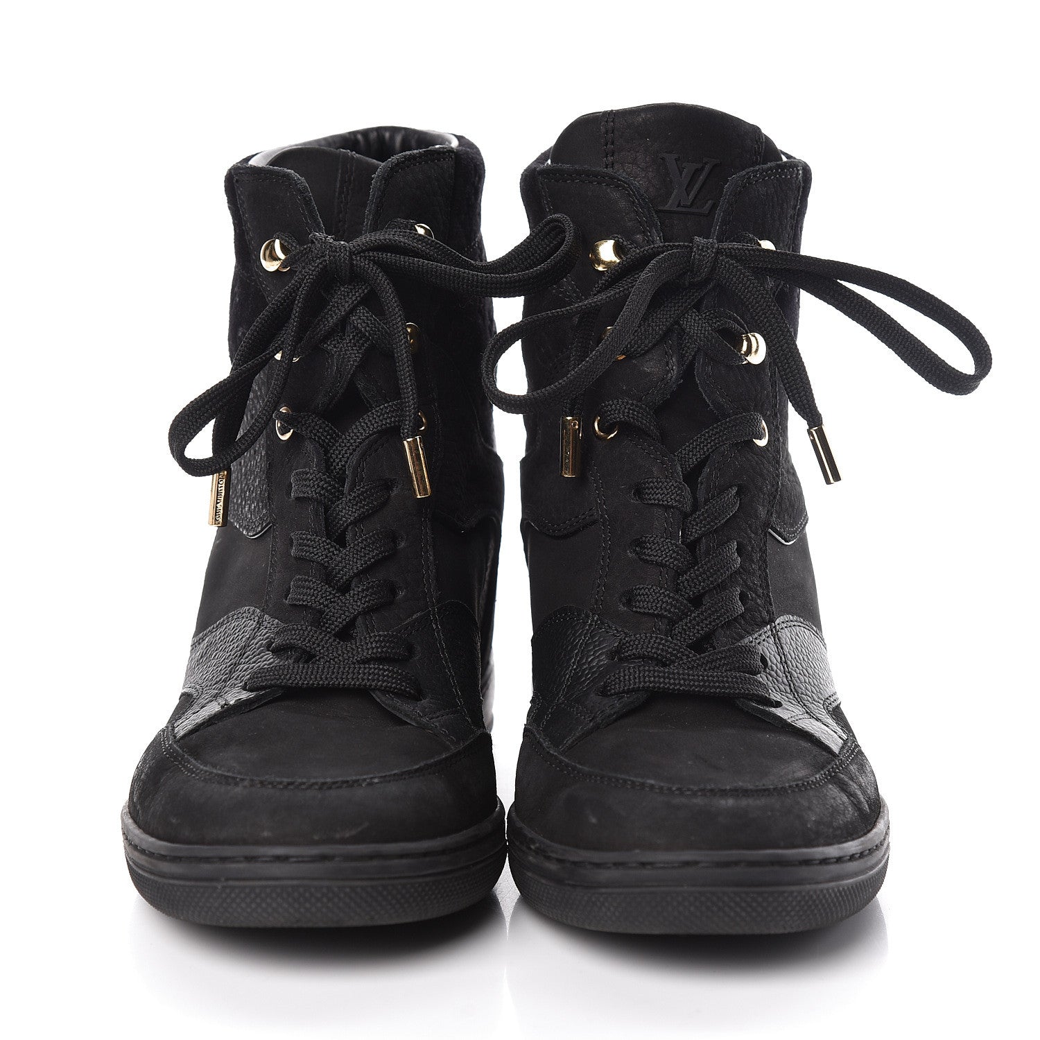 Louis Vuitton Calfskin Suede Monogram Cliff Top Wedge Sneakers 38 Black 2 of 10