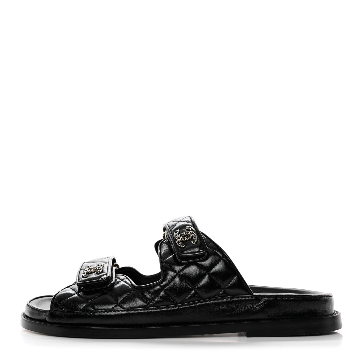 Lambskin Quilted Velcro Dad Chain CC Slide Sandals 39.5 Black