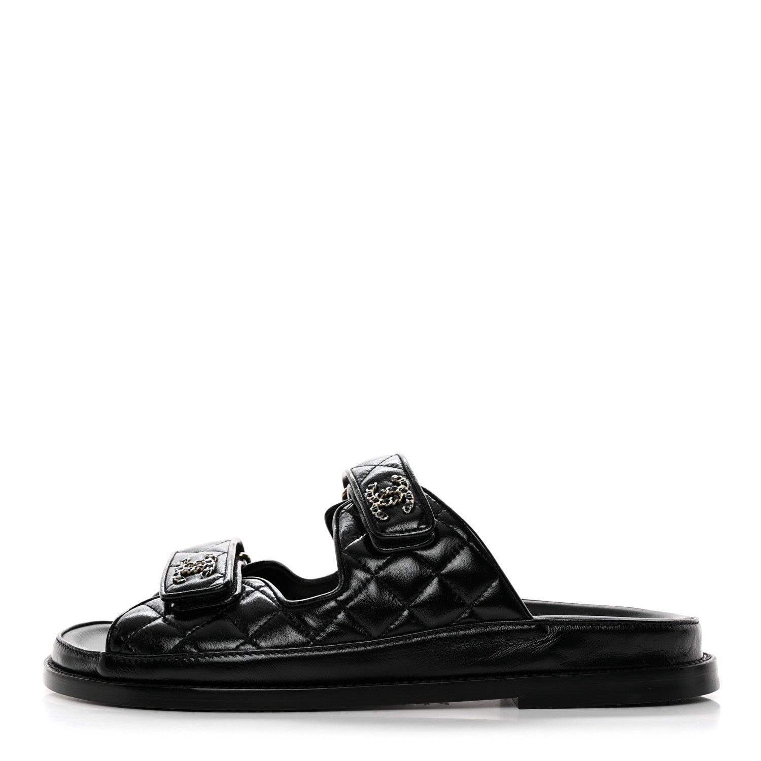 Chanel Lambskin Quilted Velcro Dad Chain CC Slide Sandals 39.5 Black 1 of 10