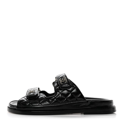 Chanel Lambskin Quilted Velcro Dad Chain CC Slide Sandals 39.5 Black 1 of 10