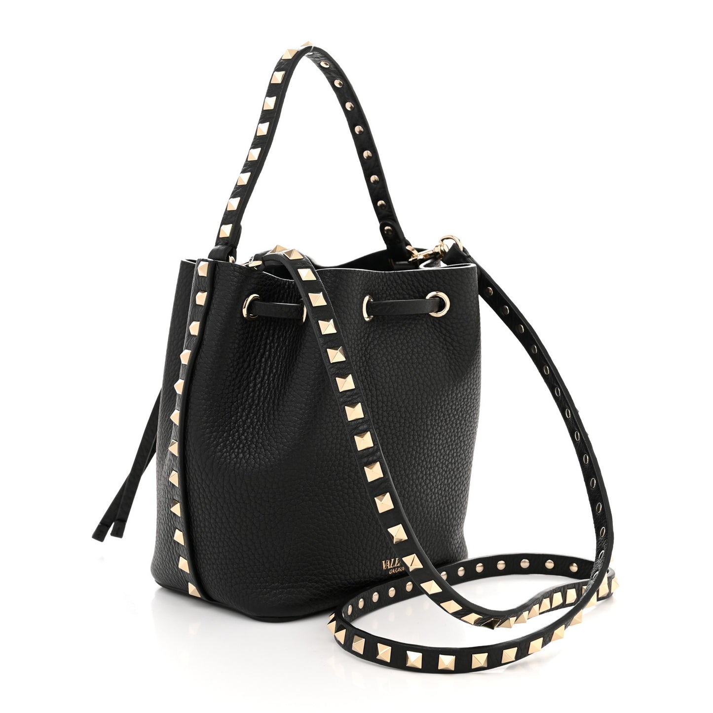 Grained Calfskin Rockstud Bucket Bag Black