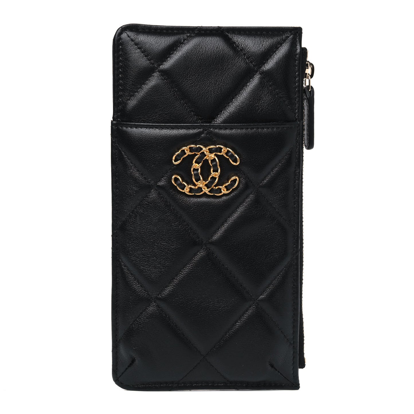 Goatskin Quilted Chanel 19 Flat Wallet Pouch Black