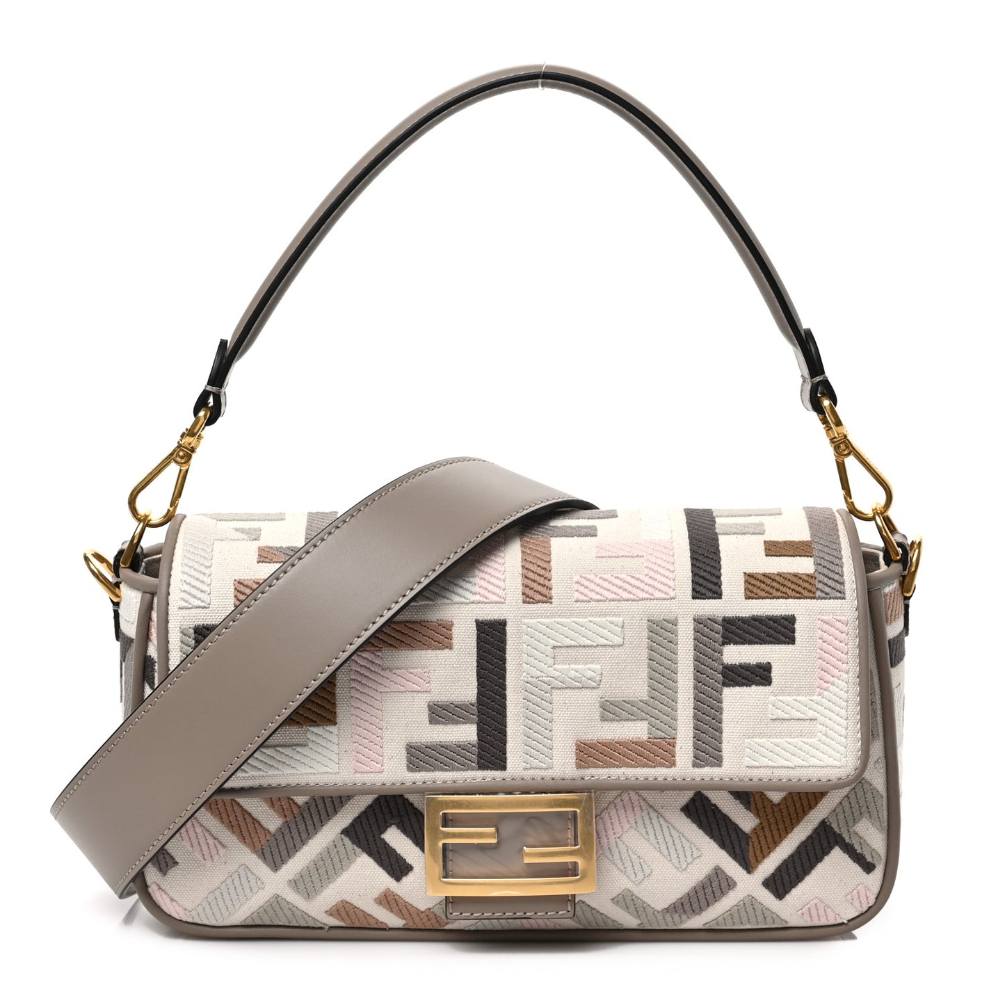 Canvas Vitello Seta FF Multicolor Embroidered Baguette Grezzo Multicolor Tortora