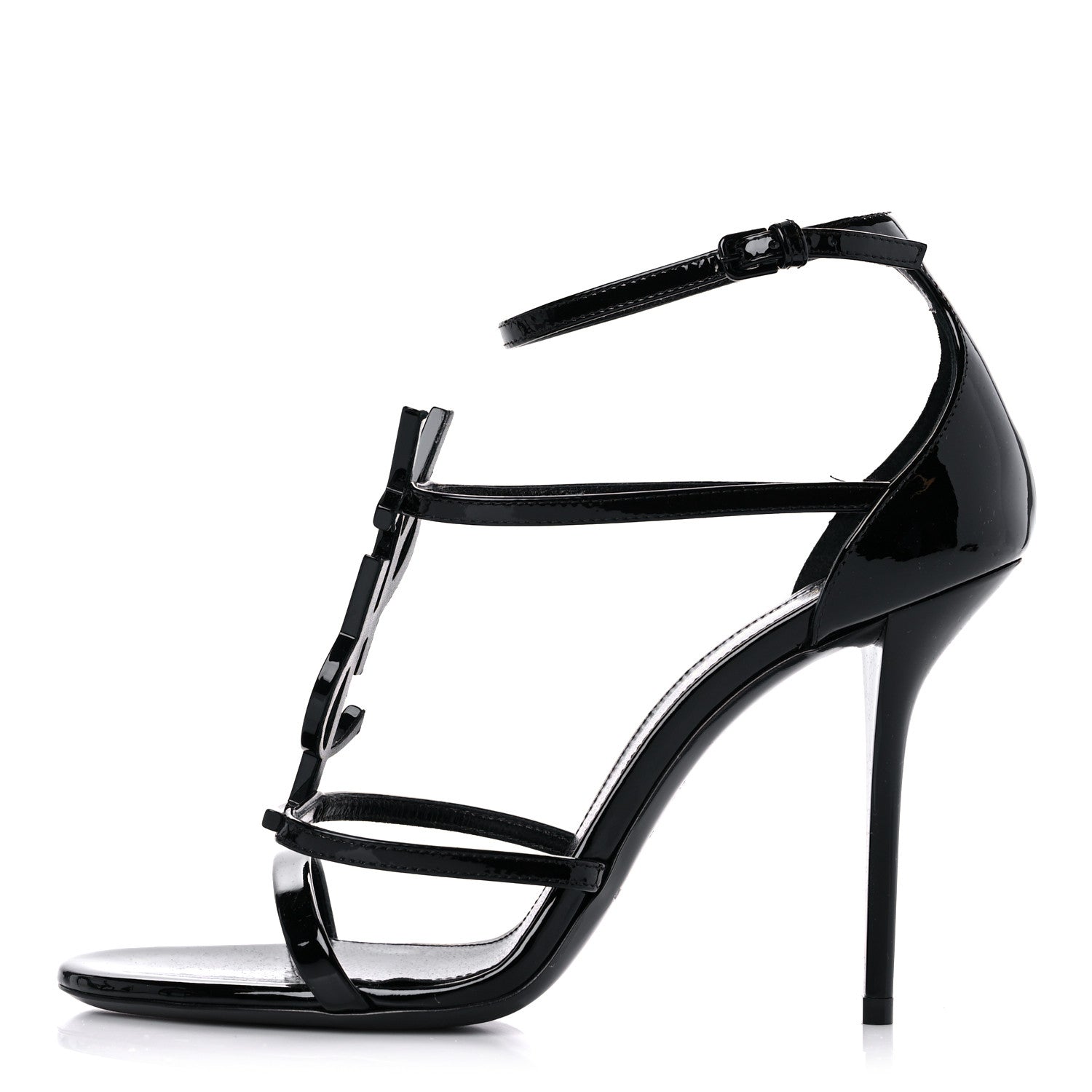 Saint Laurent Patent Cassandra 100 Ankle Strap Sandals 38.5 Black 1 of 11