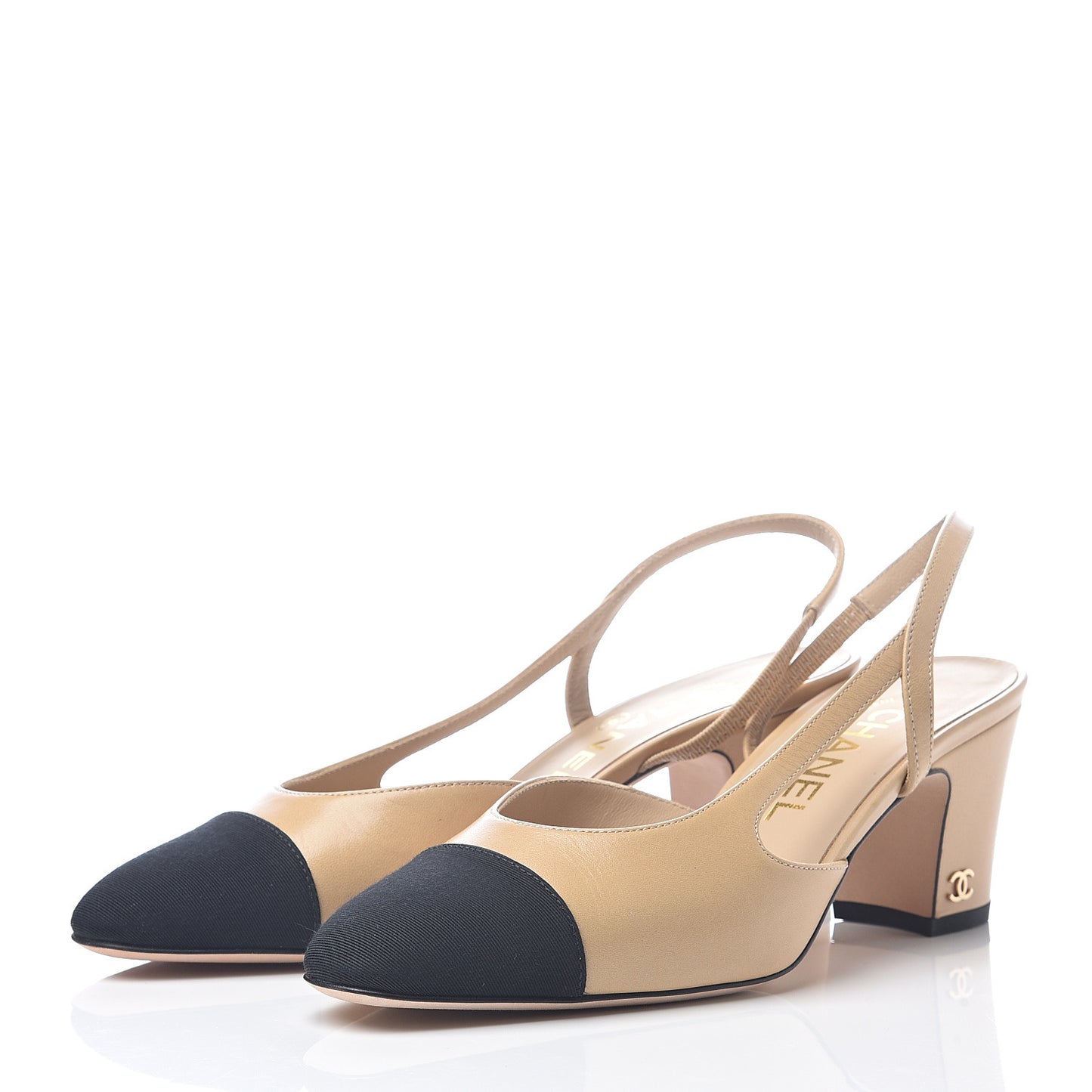 Goatskin Grosgrain Cap Toe CC Slingback Pumps 36 Beige Black