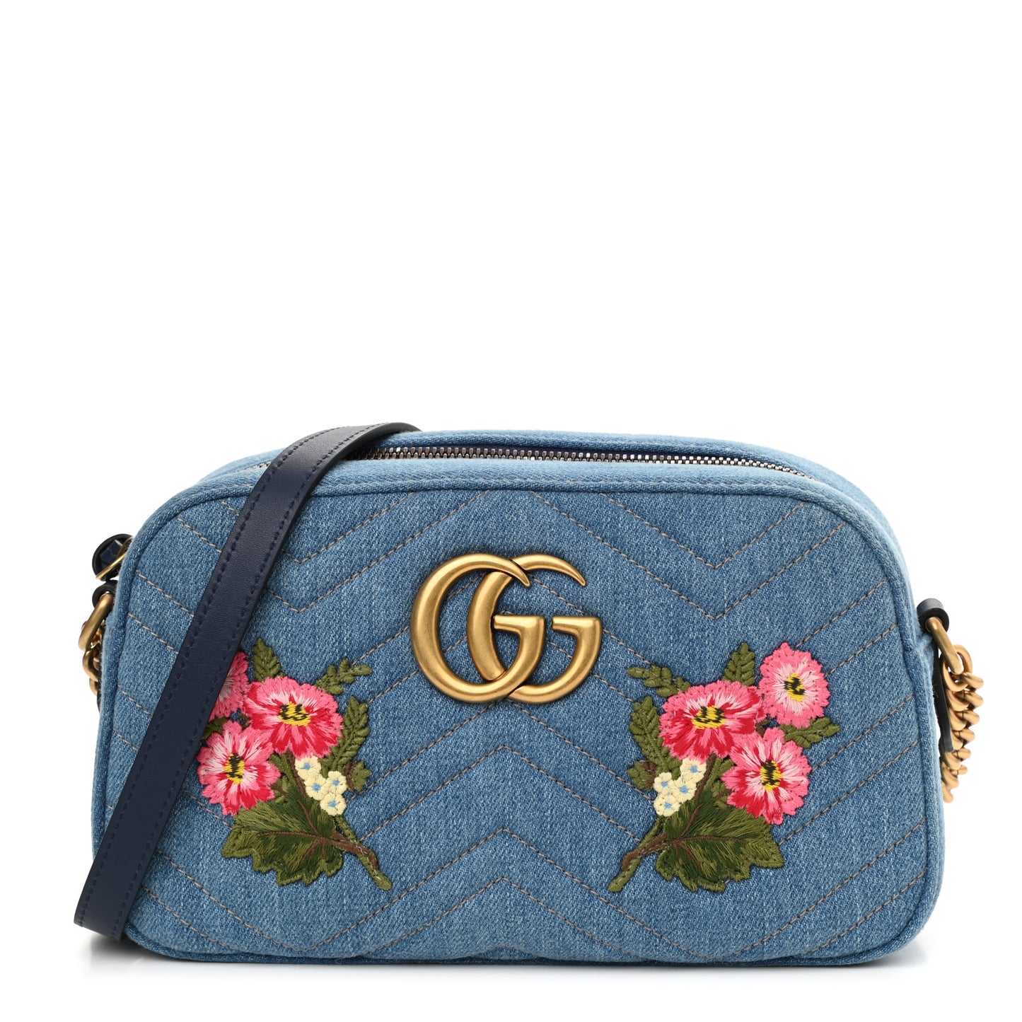Denim Matelasse Embroidered Small GG Marmont Chain Shoulder Bag Blue