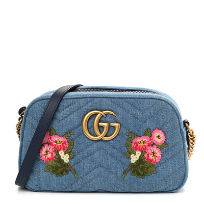 Gucci Denim Matelasse Embroidered Small GG Marmont Chain Shoulder Bag Blue 1 of 10