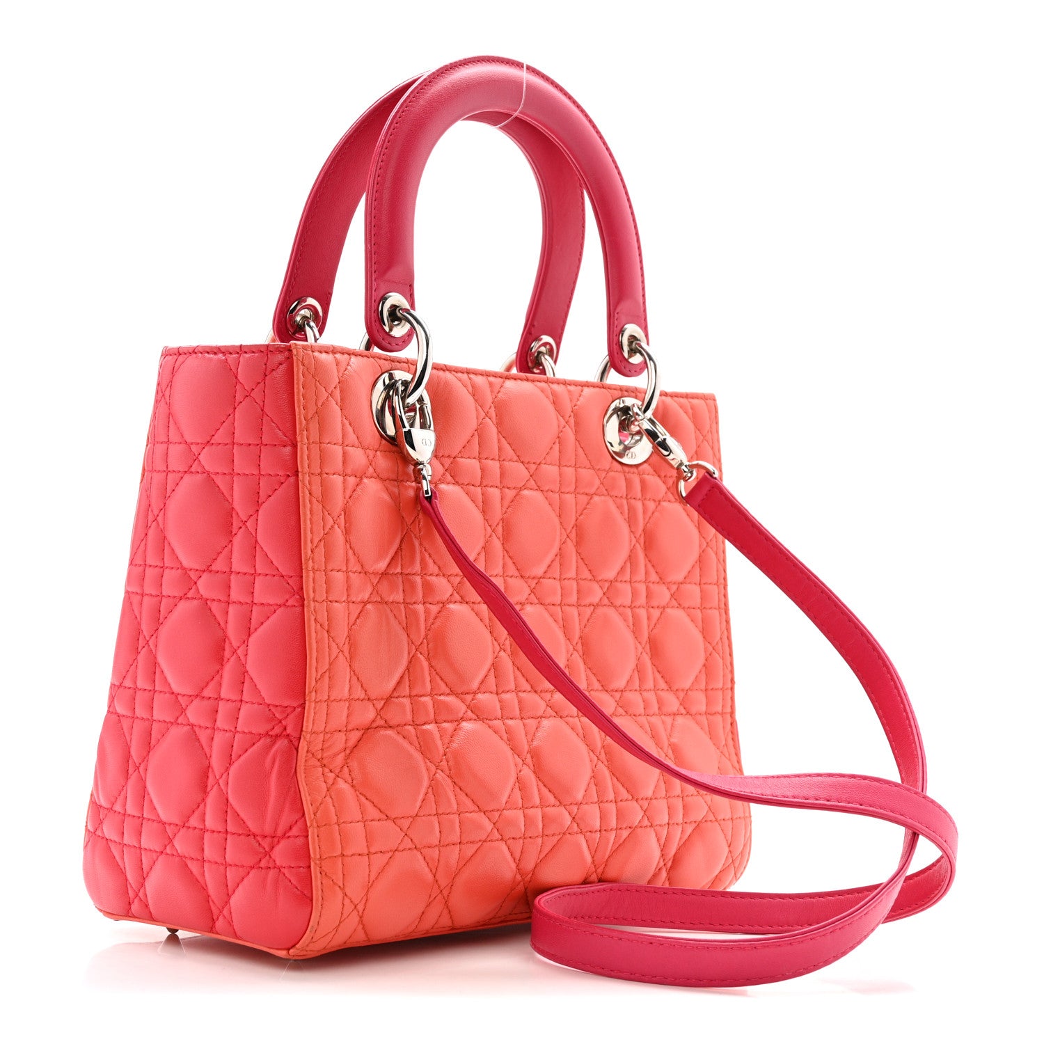 Christian Dior Lambskin Cannage Medium Bi-Color Lady Dior Orange Fuchsia 3 of 14