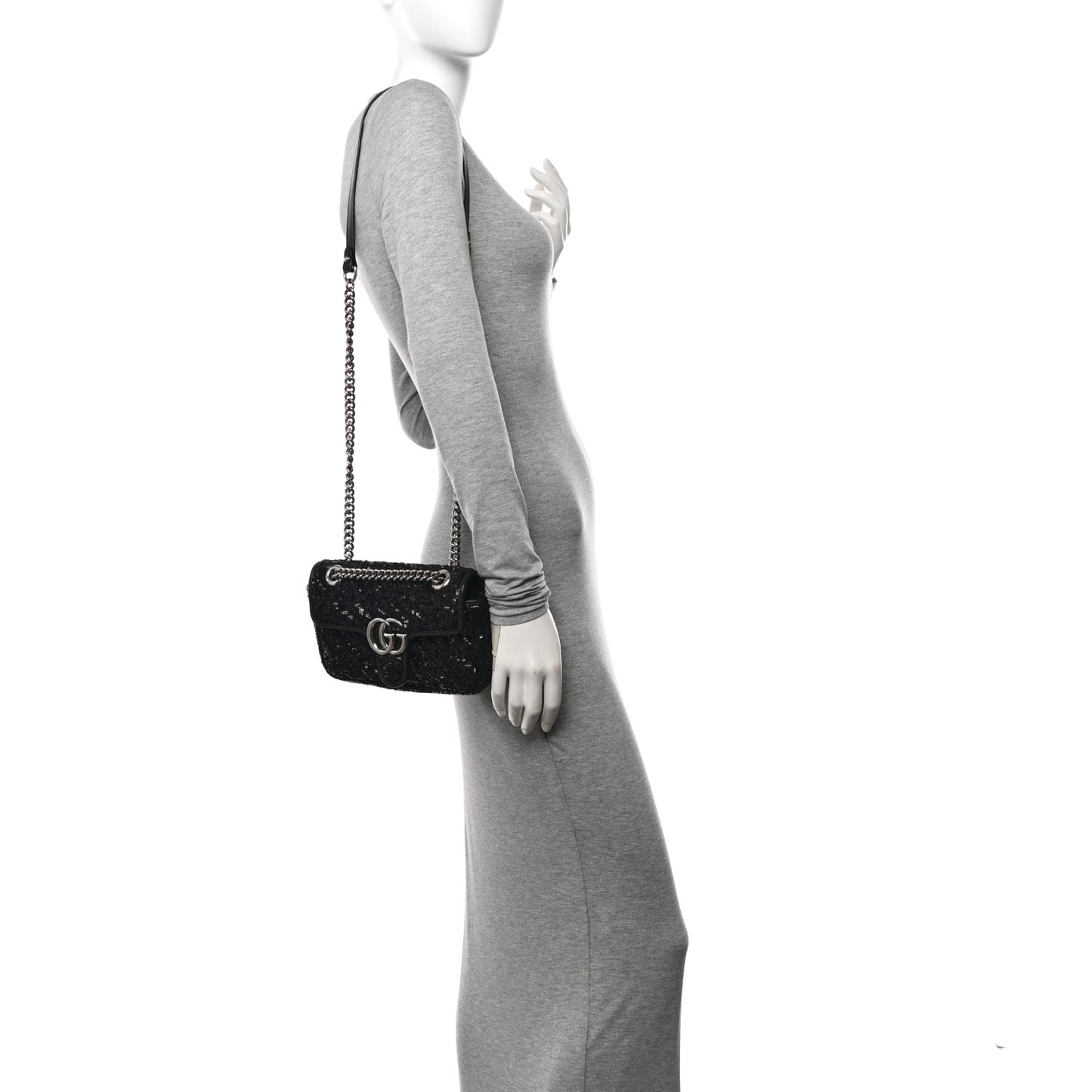 Sequin Matelasse Diagonal Mini GG Marmont Shoulder Bag Black
