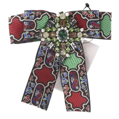 Gucci Jacquard Ribbon Metal Crystal Bow Brooch Multicolor 1 of 4
