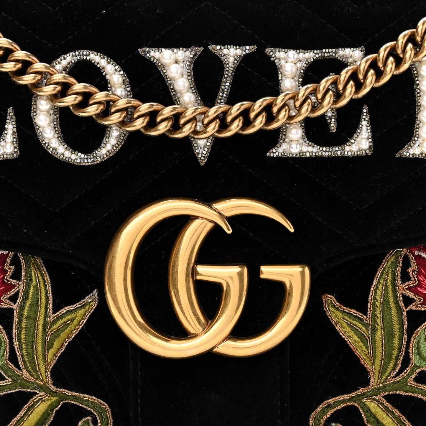 Velvet Matelasse Loved Embroidered Medium GG Marmont Shoulder Bag Black