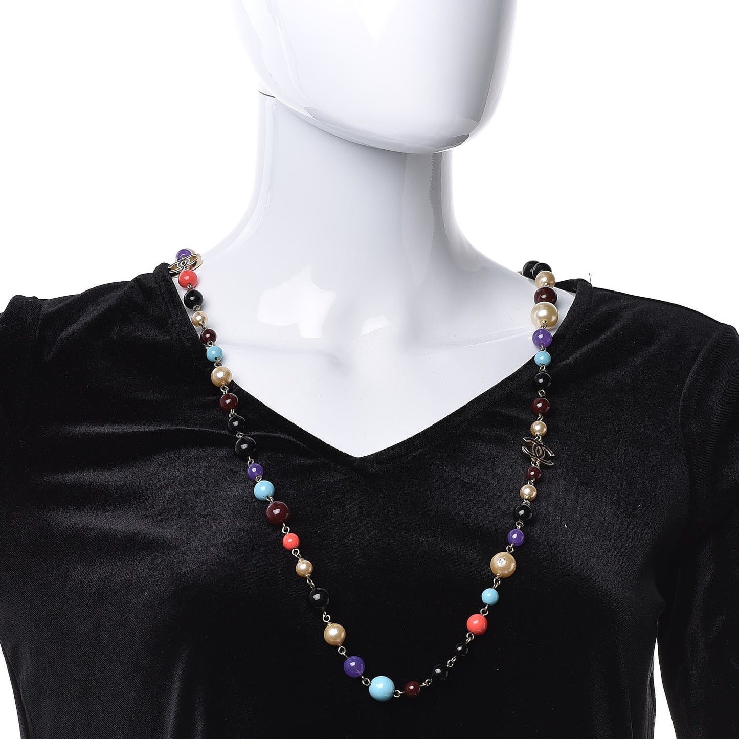 Pearl Beaded CC Long Necklace Gold Multicolor