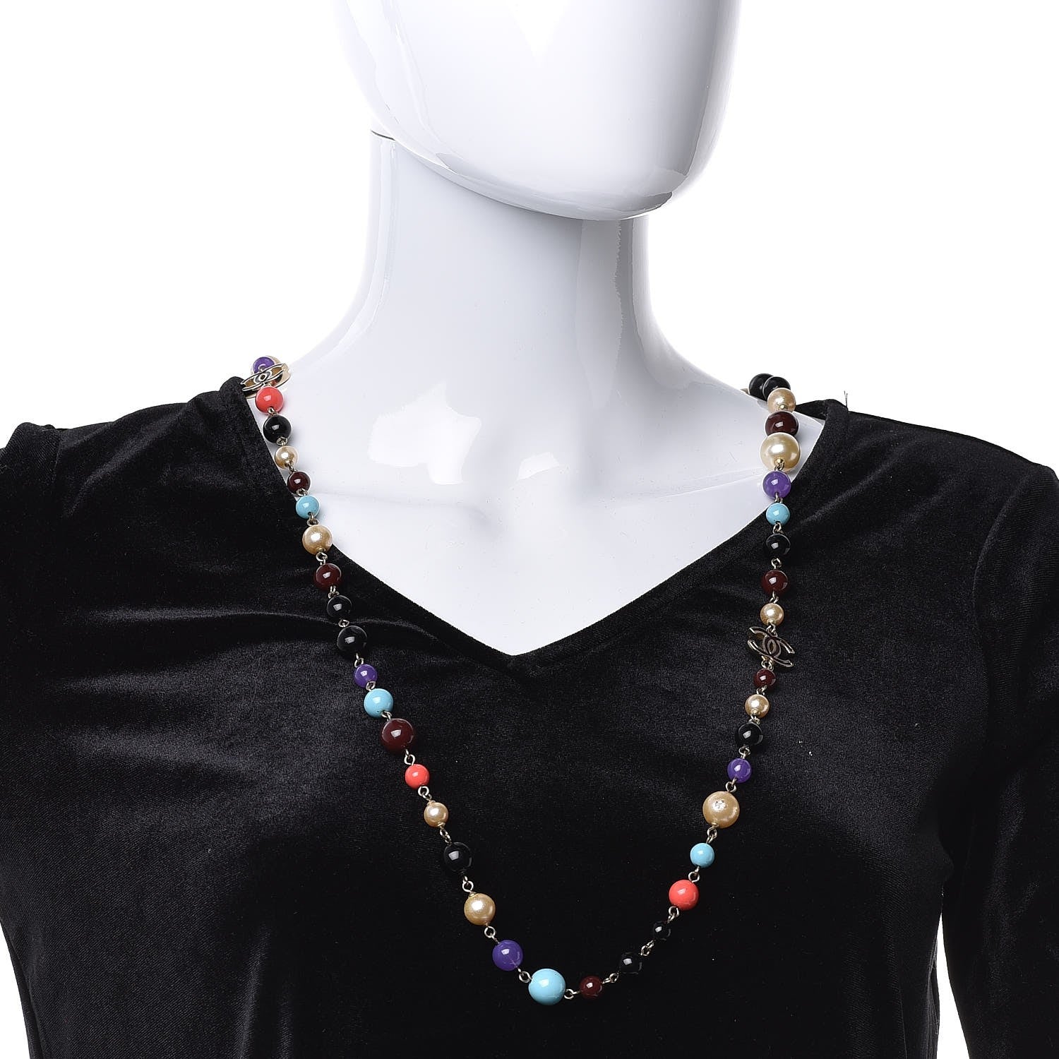 Chanel Pearl Beaded CC Long Necklace Gold Multicolor 2 of 9