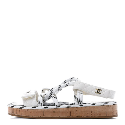 Chanel Cord Lambskin Quilted Logo Sandals 38 White Black 1 of 19