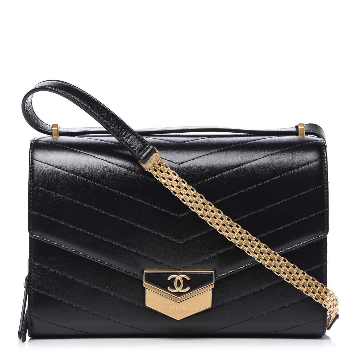 Calfskin Chevron Quilted Medal Flap Black