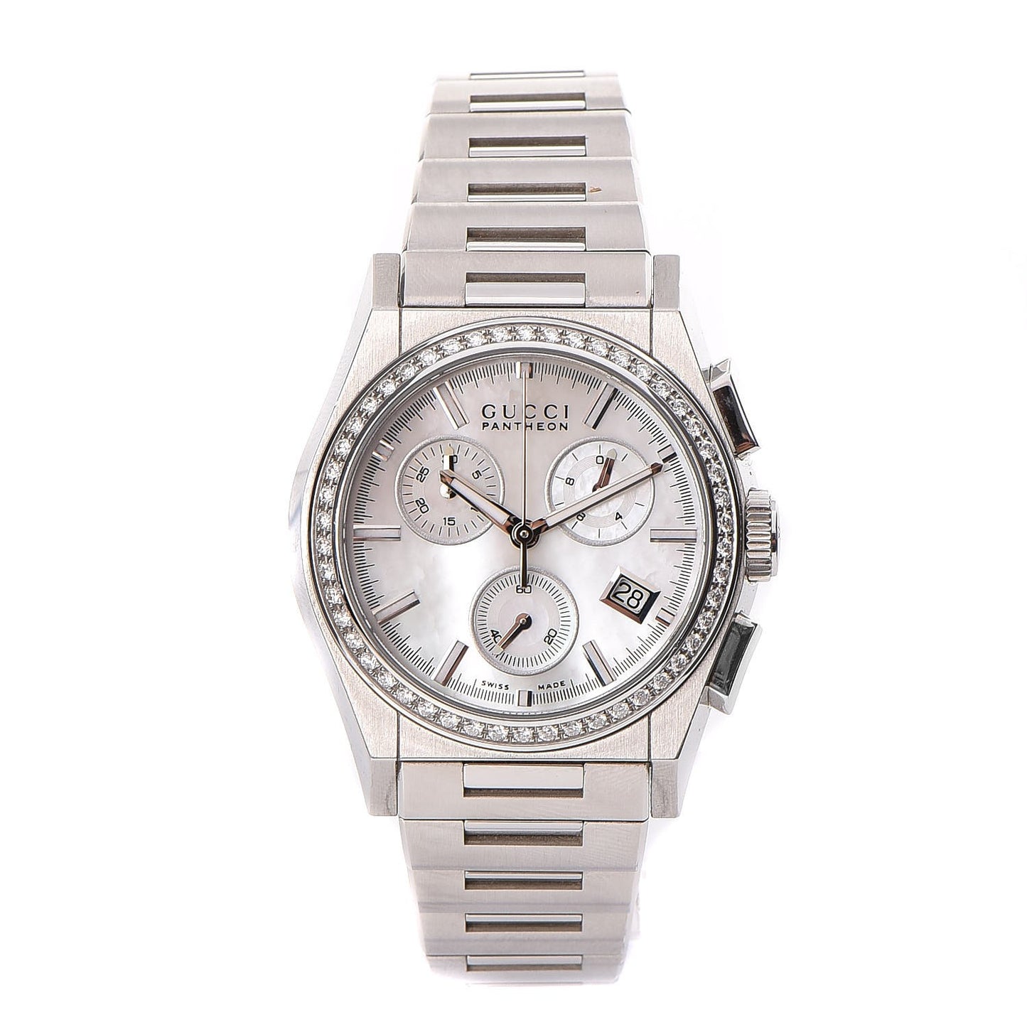 Stainless Steel Diamond Bezel Mother of Pearl 34mm Pantheon Chronograph Quartz Watch