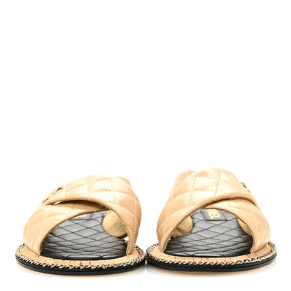 Chanel Shiny Lambskin Quilted Metal Chain CC Sandals 36.5 Beige 3 of 10