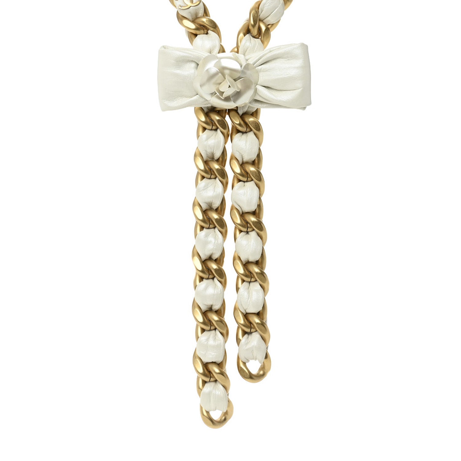 Chanel Calfskin Chain Camellia Bow Necklace Gold White 1 of 7