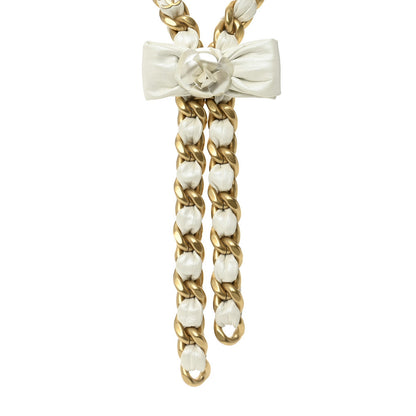 Chanel Calfskin Chain Camellia Bow Necklace Gold White 1 of 7