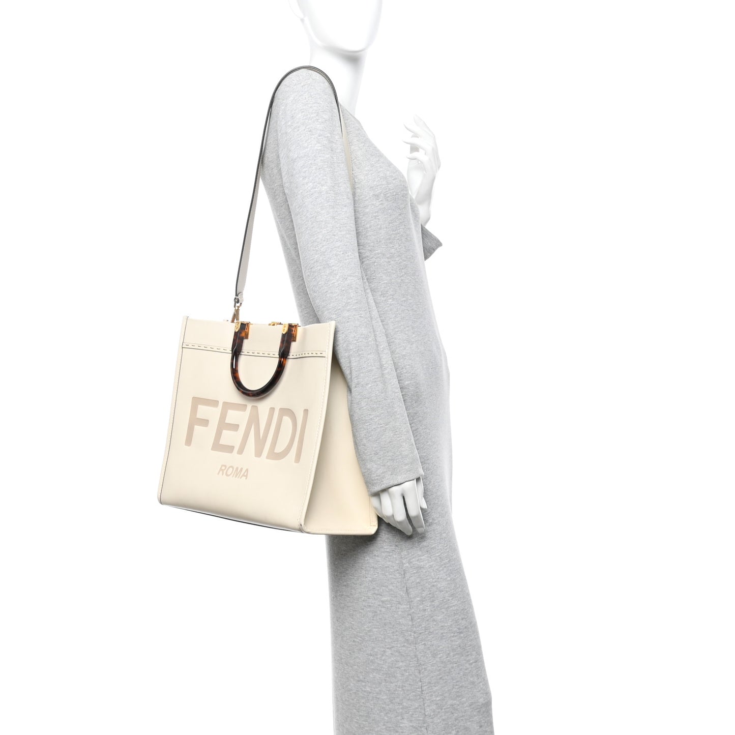 Vitello King Plexiglass Logo Embossed Medium Fendi Sunshine Shopper Tote White Ice