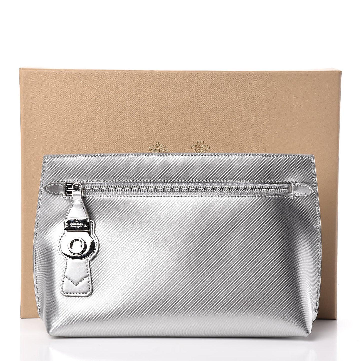 Metallic Trench Calfskin Medium Zip Lock Pouch Silver