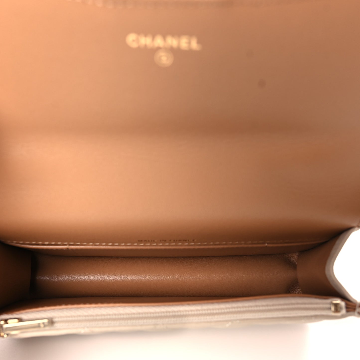 Lambskin Quilted Flap Phone Holder With Chain Beige Brown