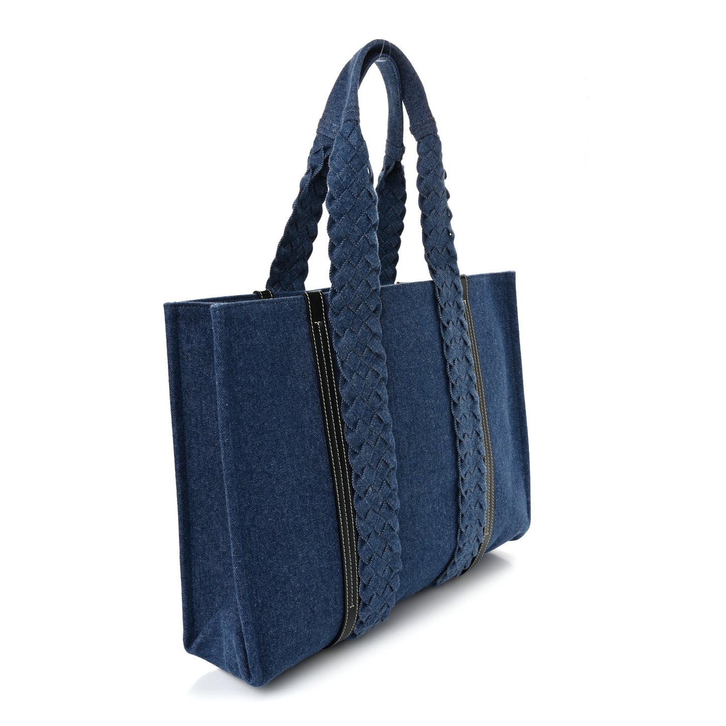 Denim Calfskin Large Braided Woody Ribbon Tote Blue