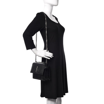 Saint Laurent Calfskin Crocodile Embossed Medium Monogram Sunset Black 2 of 9
