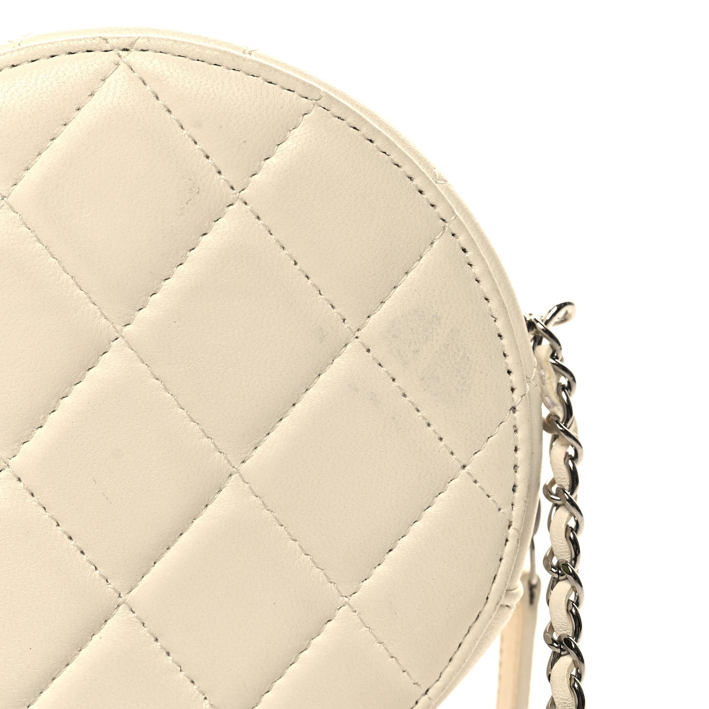 Lambskin Metal Quilted Round Clutch With Chain White Silver