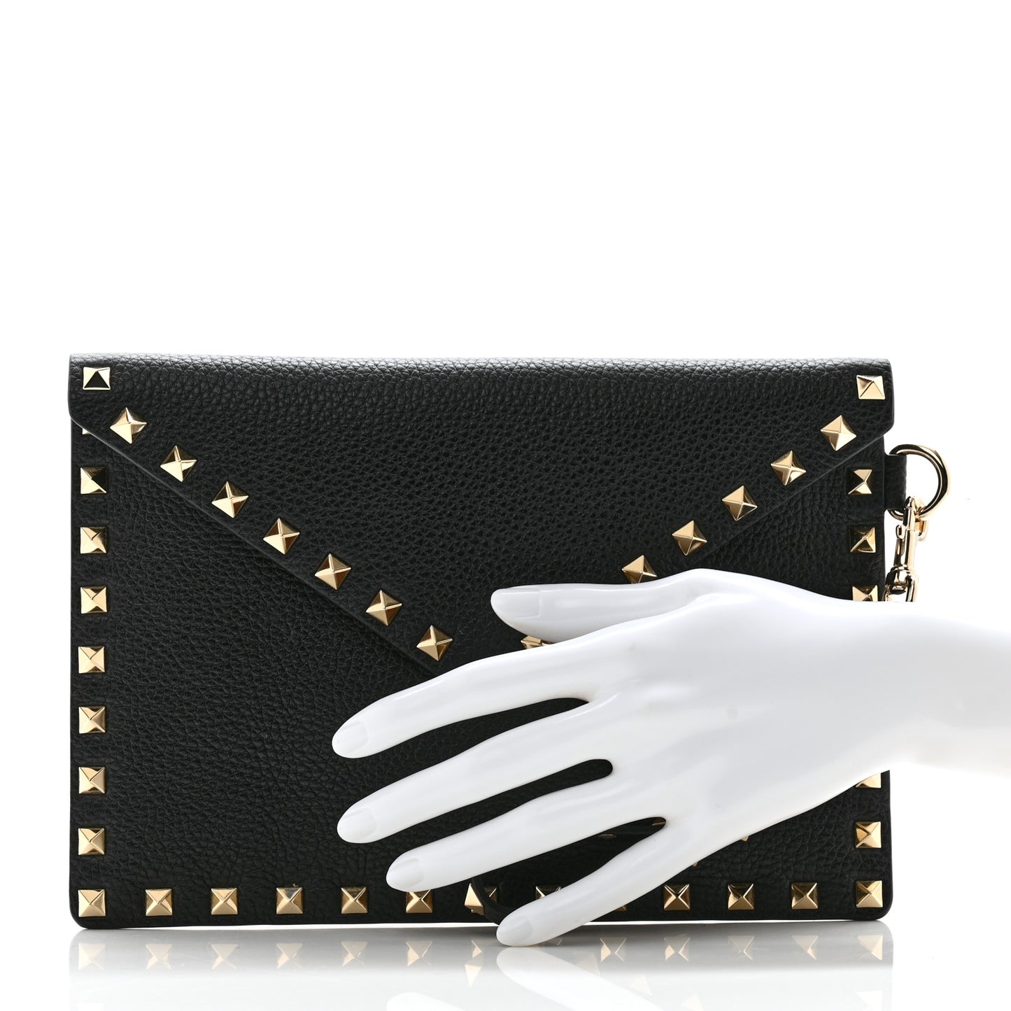 Pebbled Calfskin Medium Rockstud Envelope Flat Wristlet Pouch Black