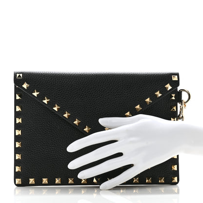 Valentino Garavani Pebbled Calfskin Medium Rockstud Envelope Flat Wristlet Pouch Black 2 of 7