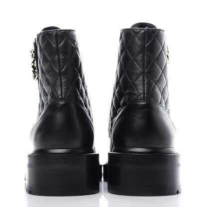 Chanel Shiny Goatskin Calfskin Quilted Lace Up Combat Boots 37.5 Black 7 of 11