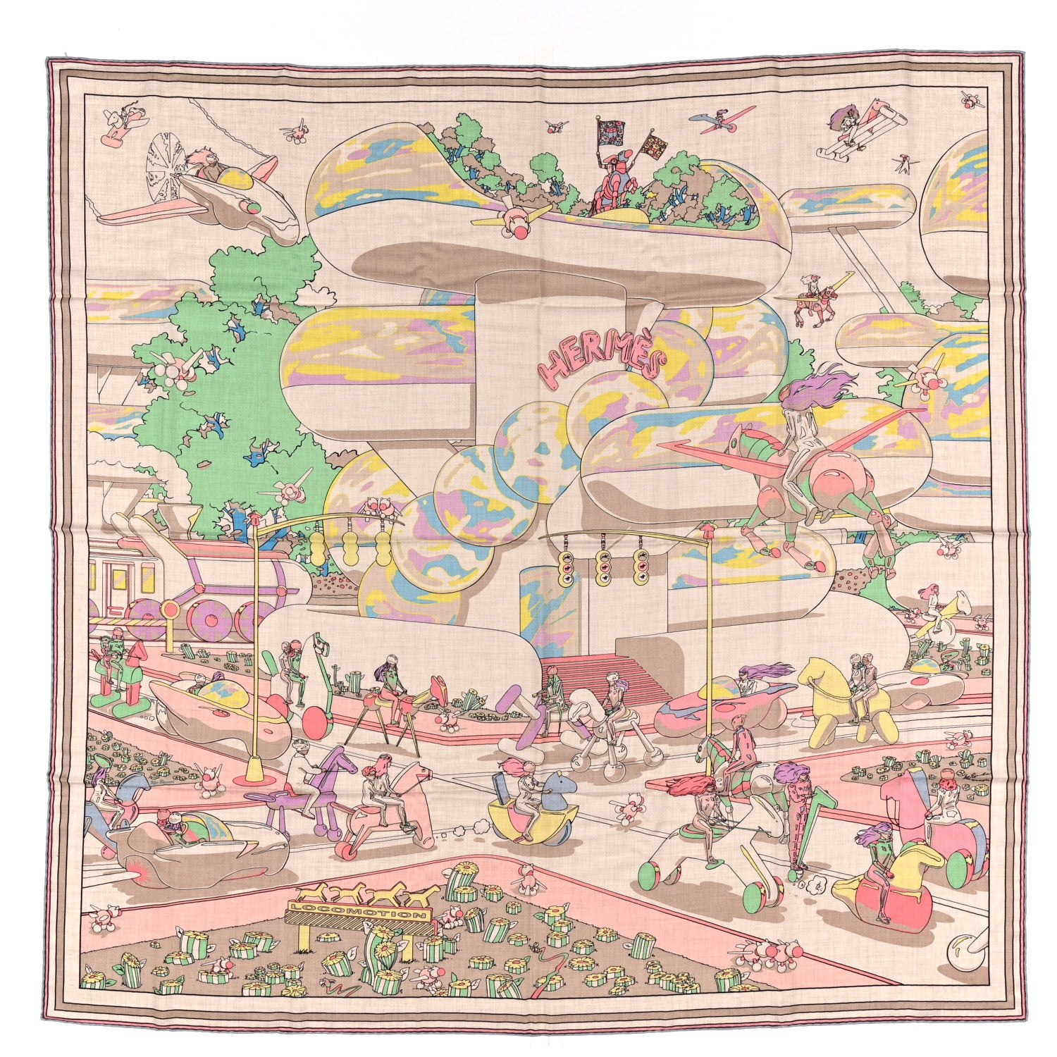 Hermes Cashmere Silk Locomotion Shawl 140 Naturel Vert Jaune 1 of 5