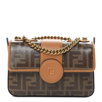 Fendi Glazed Fabric Vitello Century FF 1974 Stamp Patch Mini Double F Crossbody Bag Mogano Panna Caramello 1 of 12
