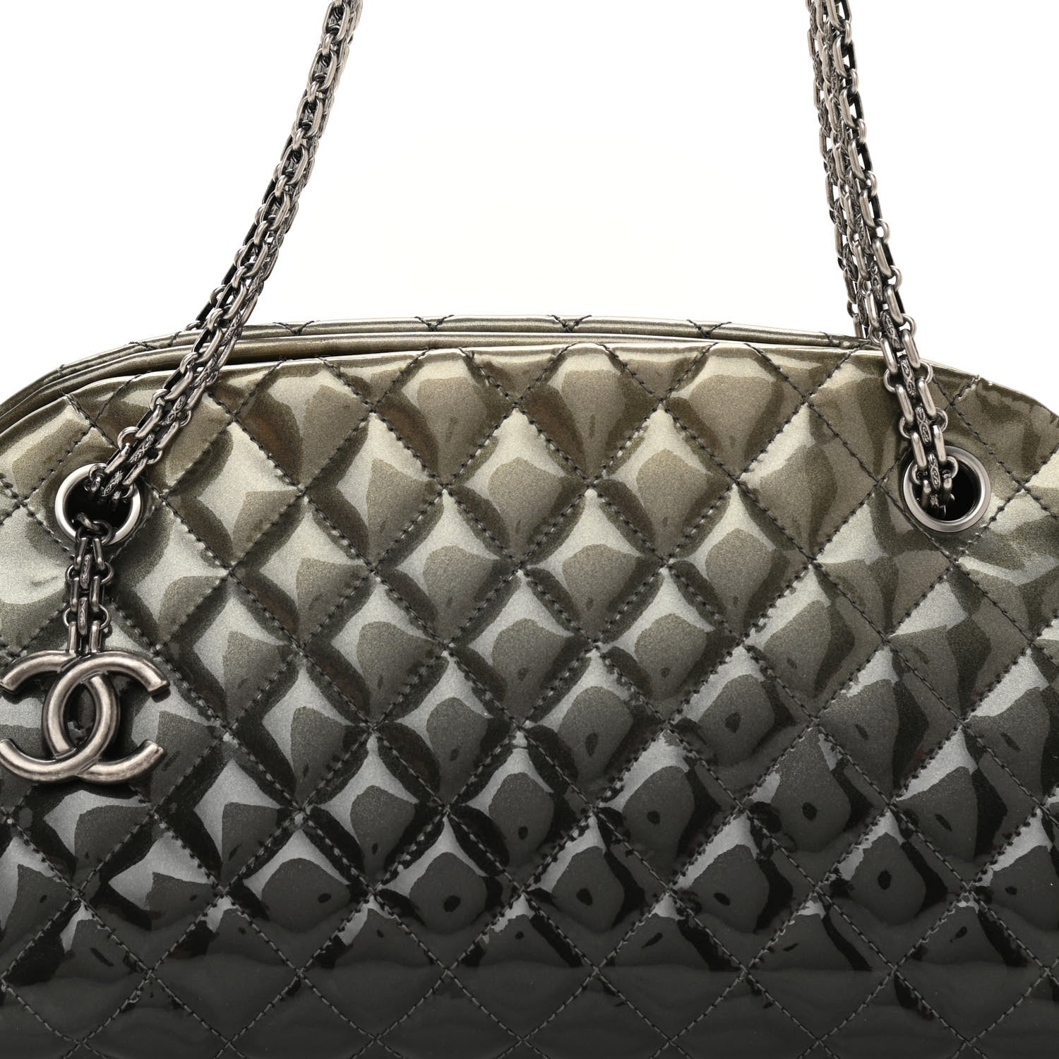 Chanel Metallic Patent Quilted Medium Just Mademoiselle Bowling Bag Silver Degrade 8 of 11