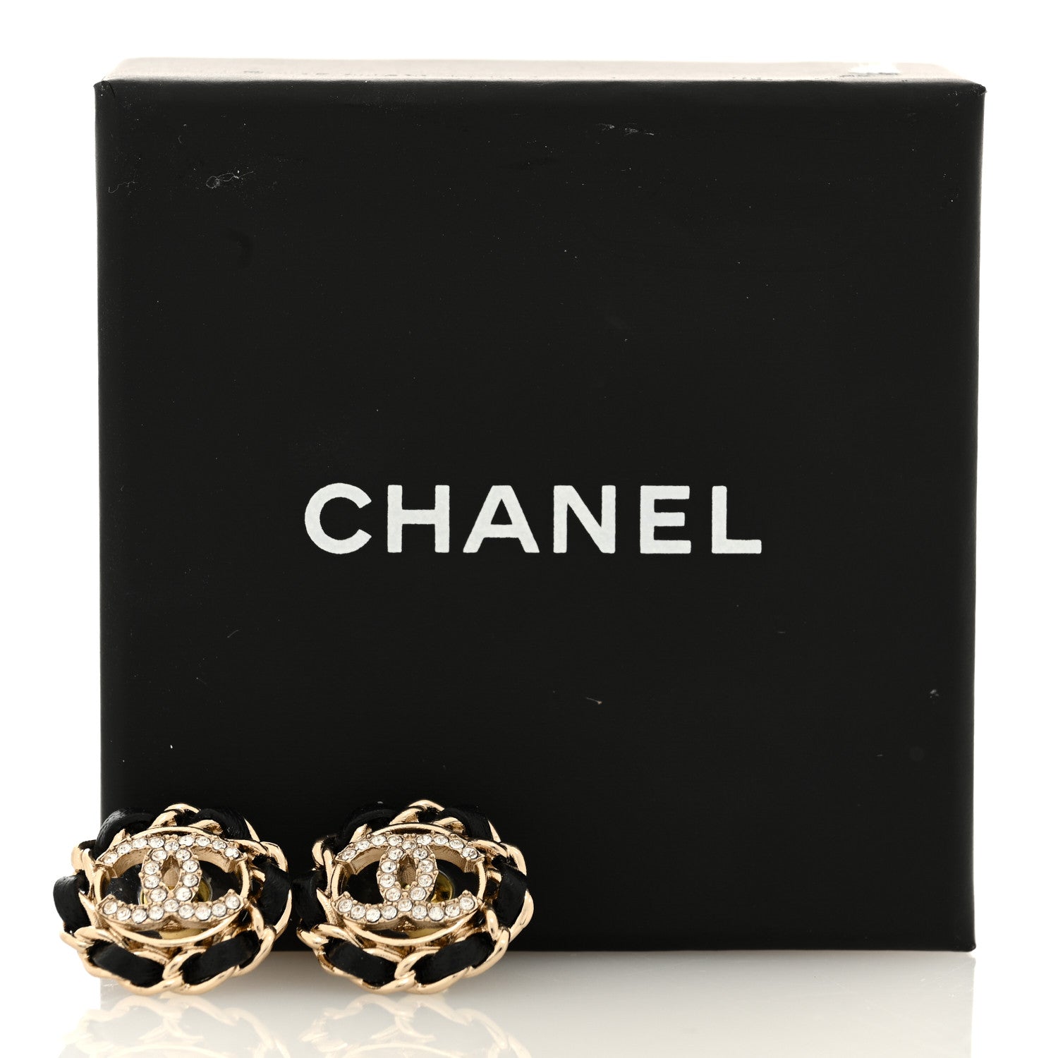 Chanel Crystal Lambskin Chain CC Stud Earrings Black Gold 5 of 5