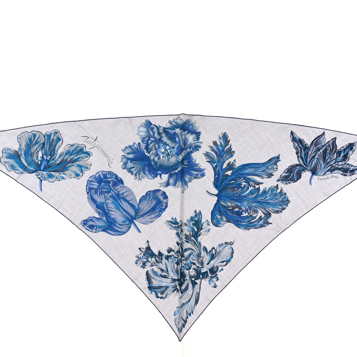 Cashmere Silk Tulipomanie Giant Pointe Triangle Scarf Gris Chine Bleu Electrique Ardoise