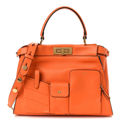 Fendi Vitello Seta Shiny Nappa Medium 3 Pocket Peekaboo Iconic Satchel Papaya 1 of 9