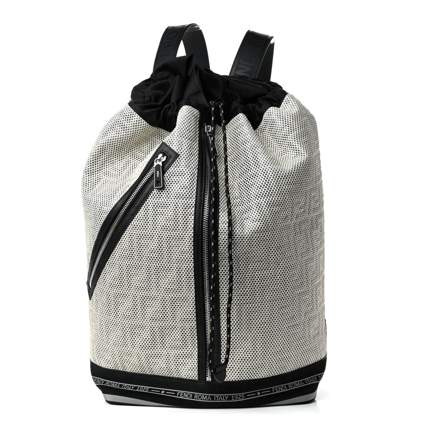 Fendi Mesh Vitello Century FF 1974 Embossed Drawstring Zippered Backpack Latte Black 1 of 4