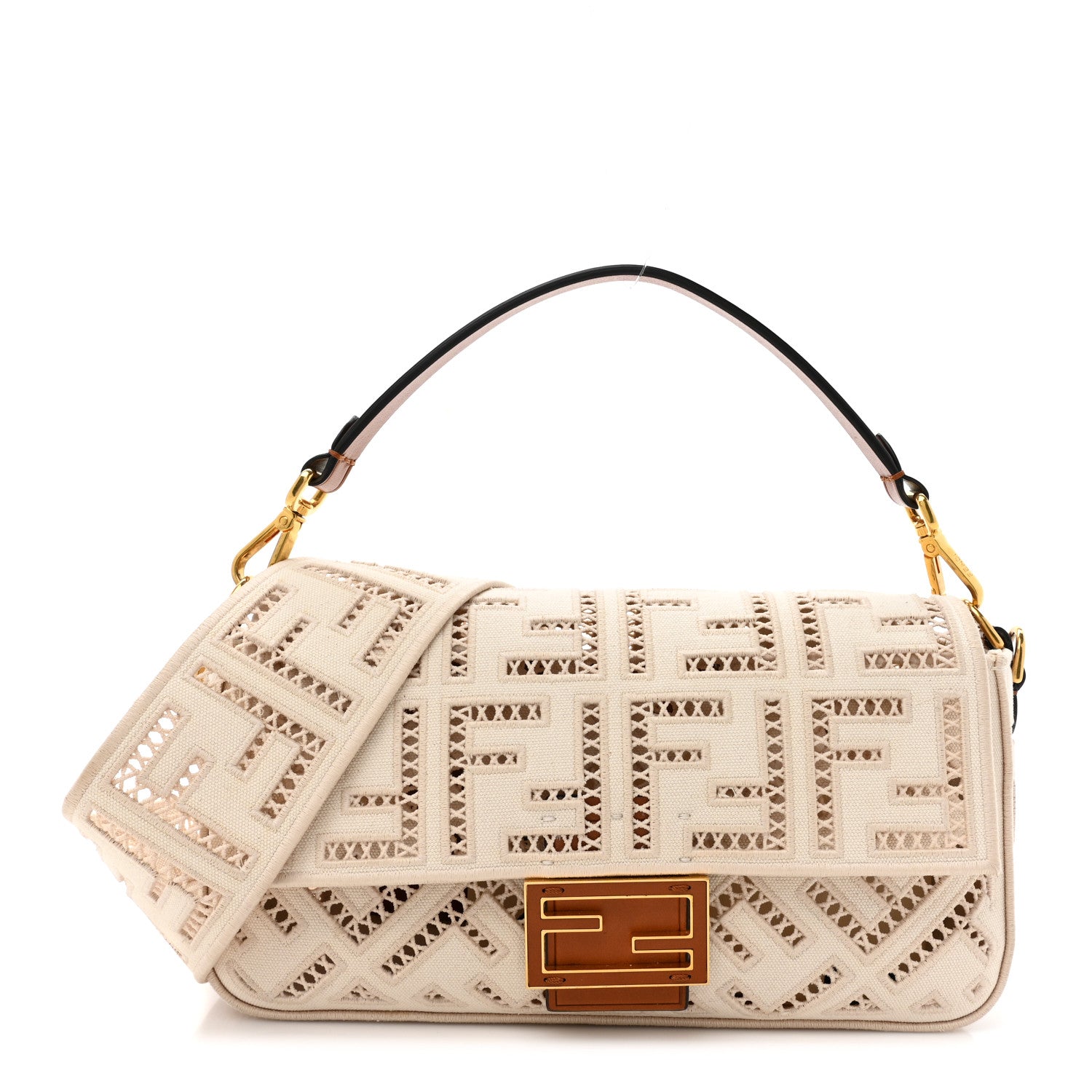 Fendi Canvas Cuoio Agata FF Ajour Embroidered Baguette Grezzo