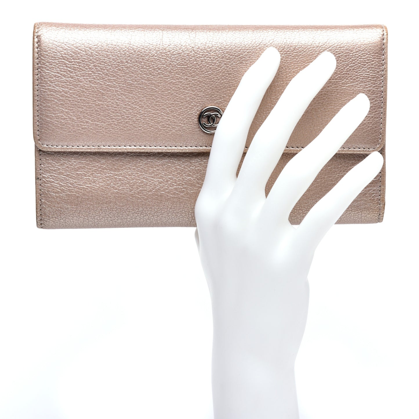 Metallic Goatskin Large Flap Wallet Beige