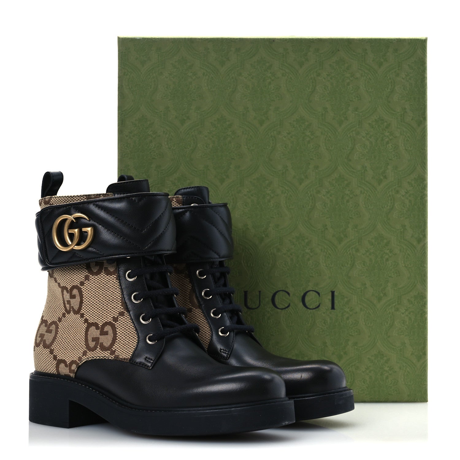 Gucci Flores Calfskin Monogram Maxi GG Nappa Matelasse Double G 40mm Ankle Boots 37 Black Camel Ebony 12 of 12