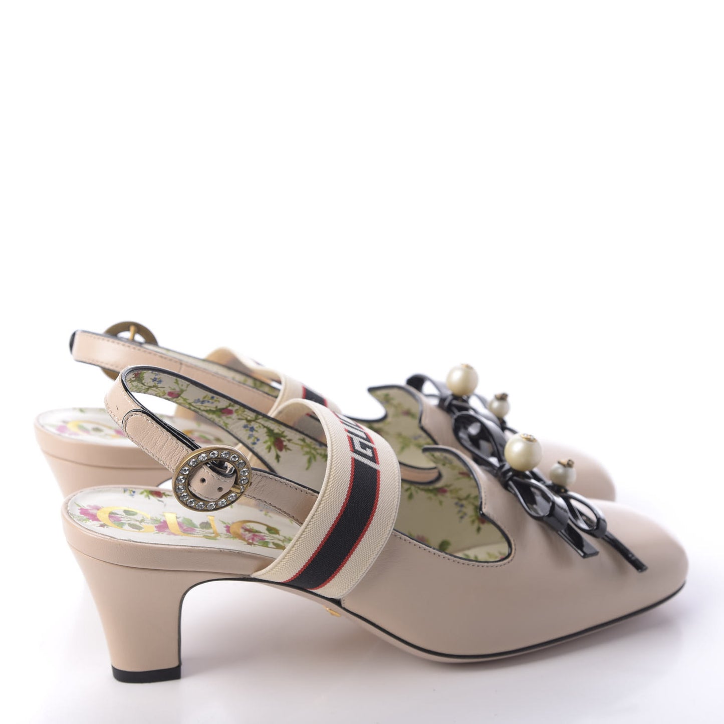 Malaga Kid Bow Ace Stripe Mid Heel Slingback Pumps 37 Beige