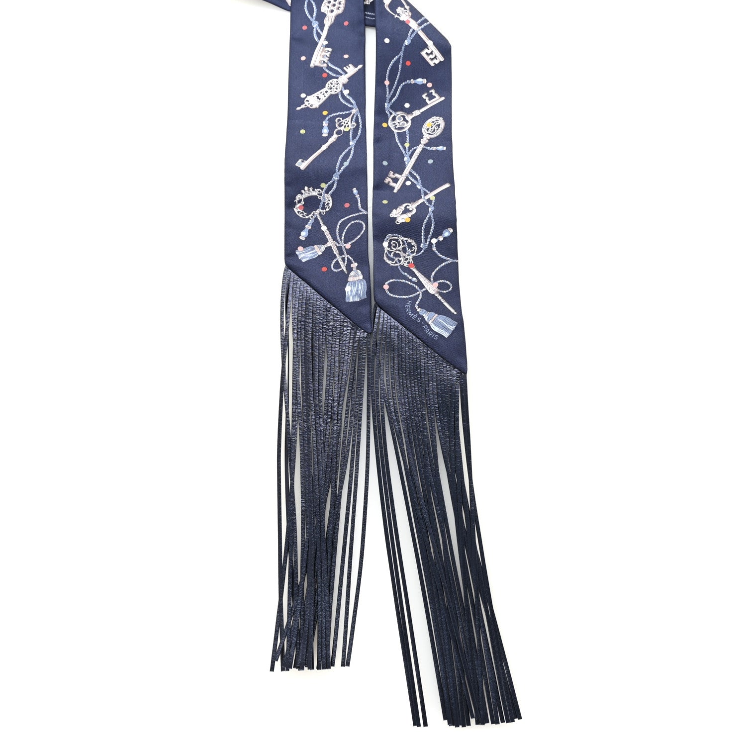 Hermes Silk Metallic Agneau Les Cles A Pois Fringed Twilly Bleu Marine Gris Argent Multicolor 2 of 4